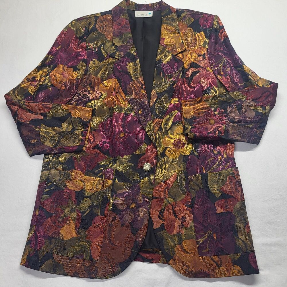 VTG Danielle B Jaquard Blazer Boxy Fit Single Button Floral Paisly Metallic MED